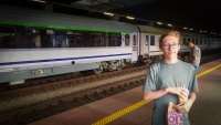 Kyle on our train to Berlin from PoznaÅ„, Poland