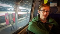 Kyle on train to Germany at Gare de l'Est in Paris