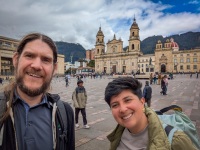 Paul and Aleja (guide) in Plaza de Bolívar in La Candelaria in Bogota