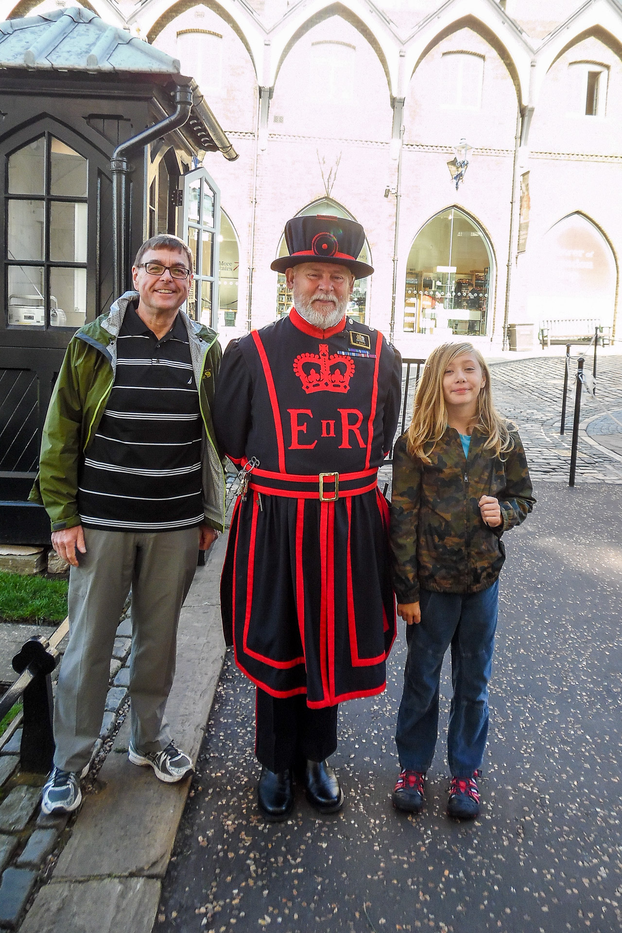 Peter and Kyle with Beefeater at the Tower of London