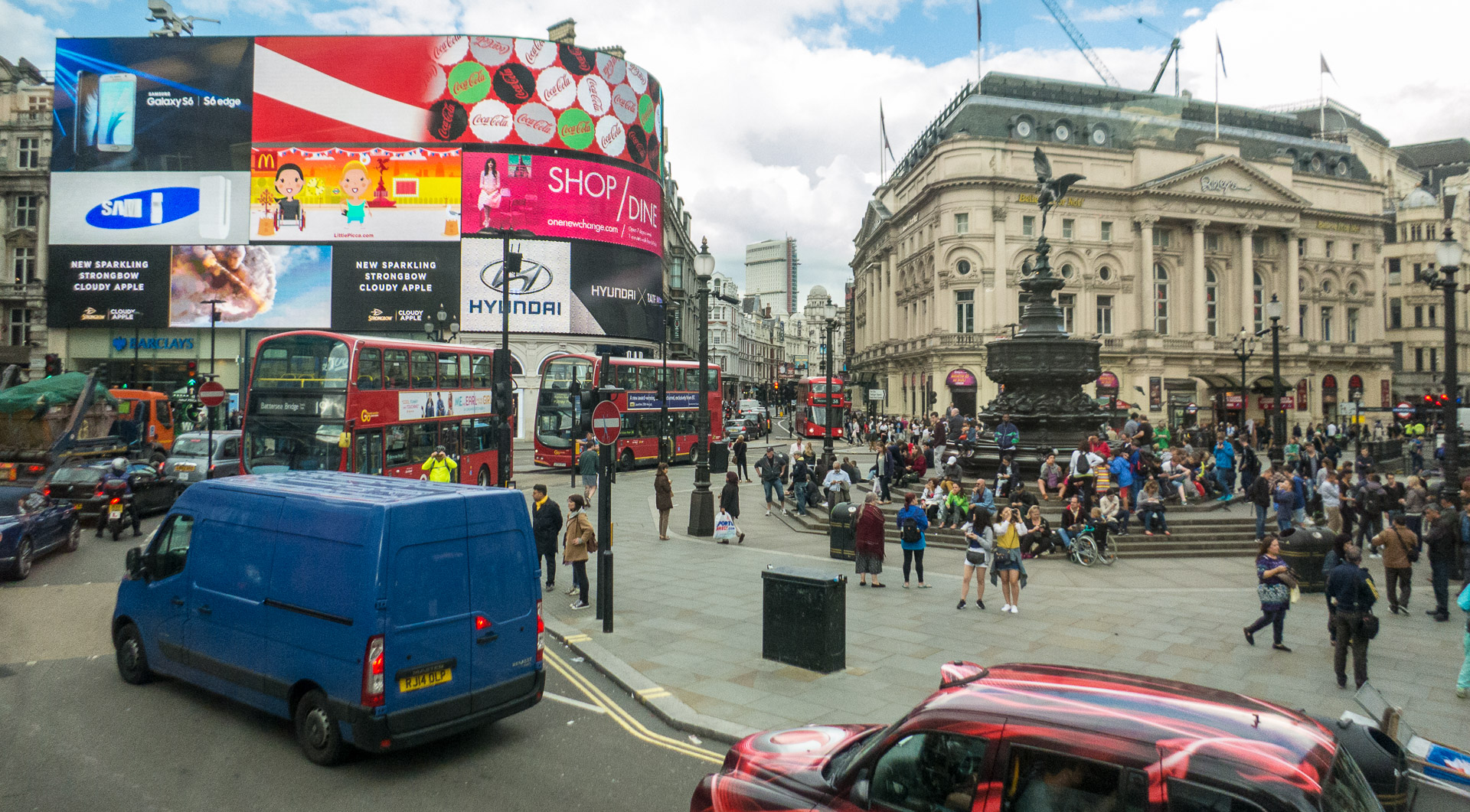 Piccadillly Circus from a double decker bus in London