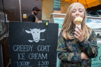 Kyle eating goat ice cream at Borough Market in London