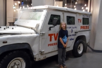 TV news truck damanged by rocket attack in Gaza at the Imperial War Museum in London
