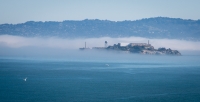 Alcatraz Island while walking along the Golden Gate Bridge in San Francisco