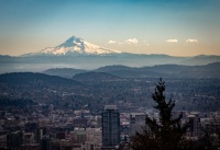 View including Mt. Hood from Pittock Mansion in Forest Park in Portland, OR