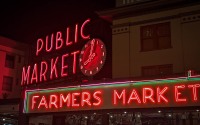 At Pike Place Market at night in Seattle