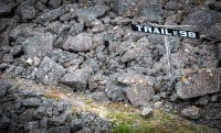 Trail of 98 mrker on White Pass and Yukon Route train in Skagway