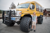 Kyle and snow truck at the Old Faithful Snow Lodge in Yellowstone