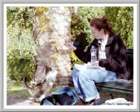 Suzanne enjoying lunch in the Generalife Gardens of the Alhambra